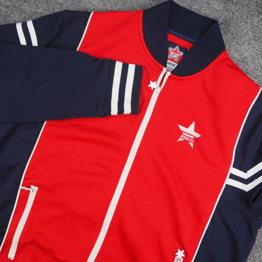 Born Fly Track Jacket Mens Large Red Navy Blue Striped Star Streetwear Zip Up